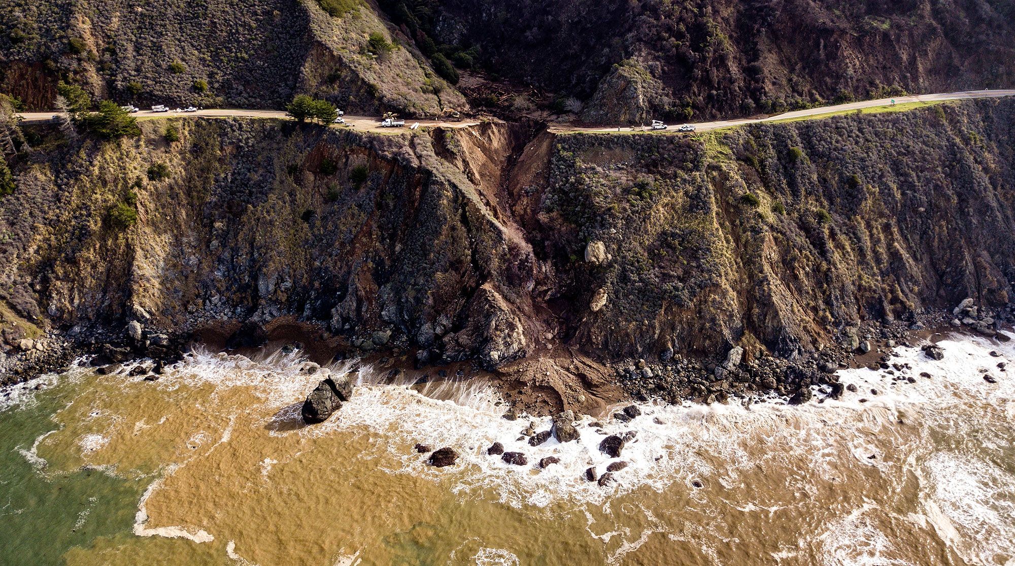 Construction crews work on a section of Highway 1 that collapsed into the Pacific Ocean near Big Sur, Calif., on Jan. 31.