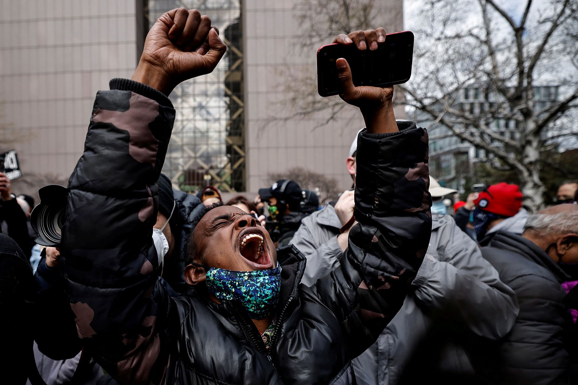 A man reacts to news of the conviction of a former police officer, Derek Chauvin, on murder charges in the death of George Floyd, in Minneapolis on April 20.