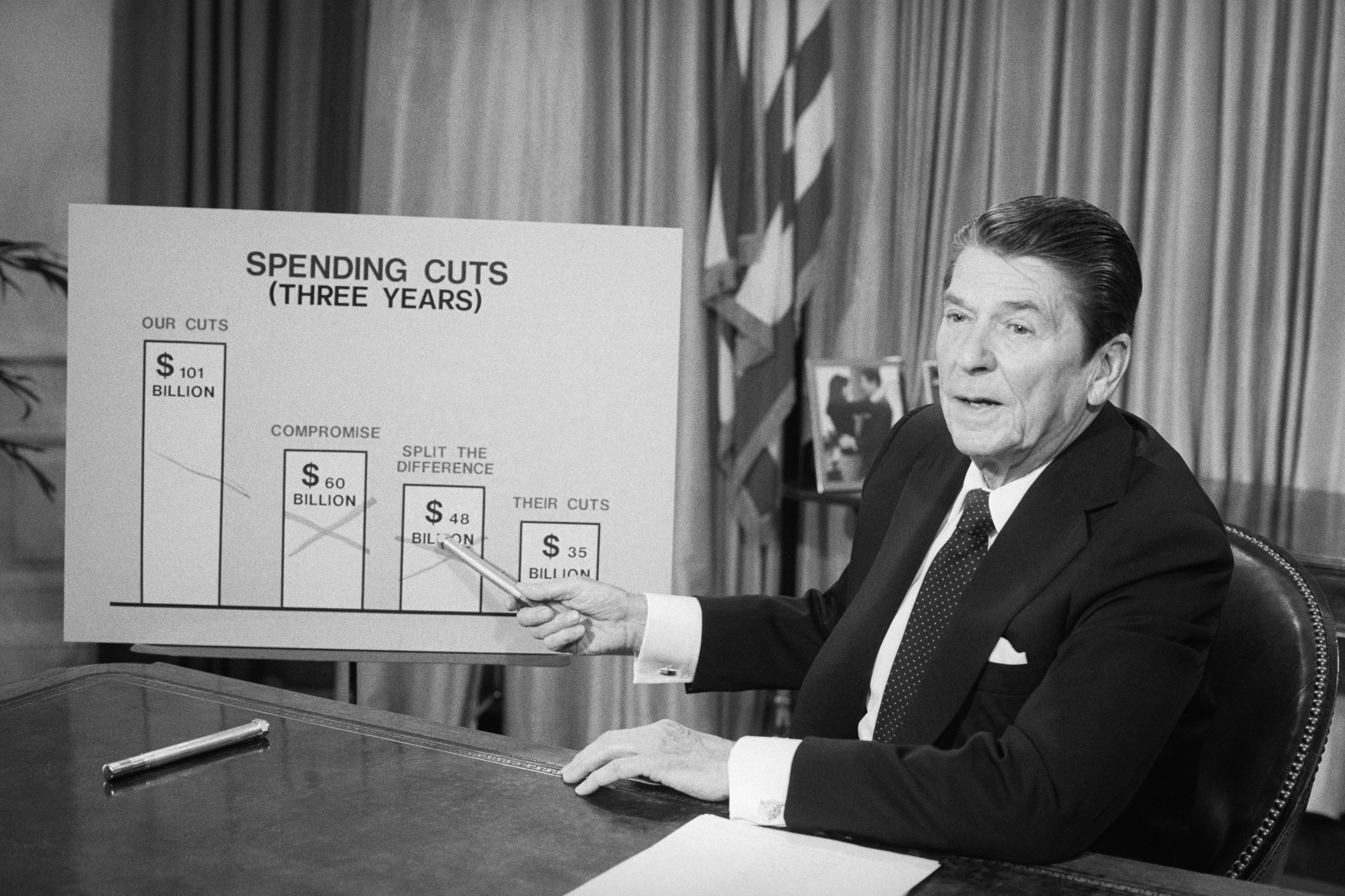 President Ronald Reagan illustrates his attempts to compromise with Congress on the budget on April 19, 1982.