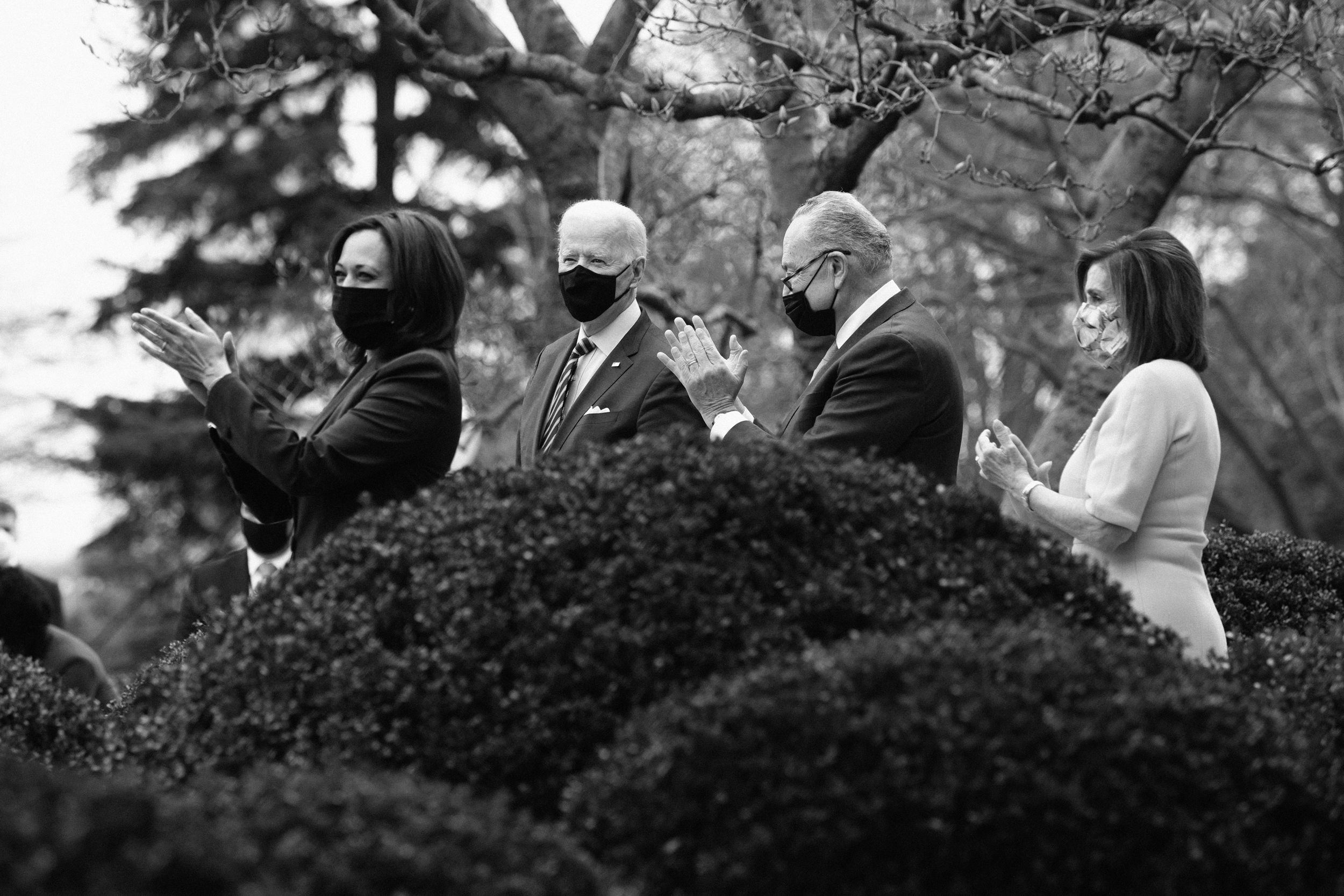 Vice President Kamala Harris, President Joe Biden, Senate Majority Leader Chuck Schumer, and Speaker of the House Nancy Pelosi in the Rose Garden of the White House on March 12, 2021.