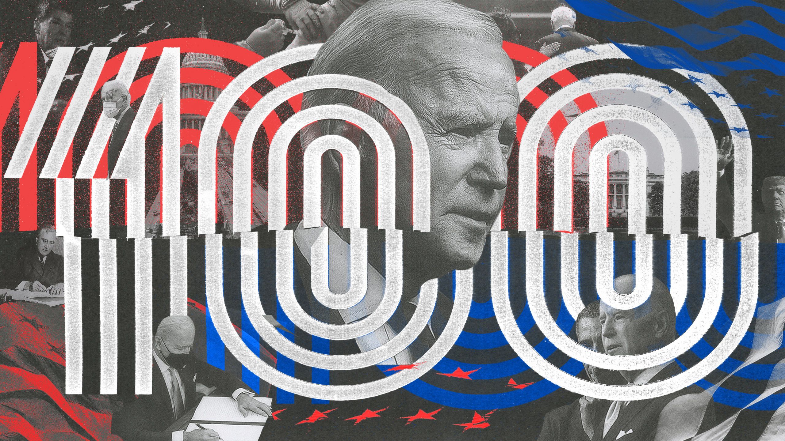 Illustration of President Joe Biden and events from 2021.