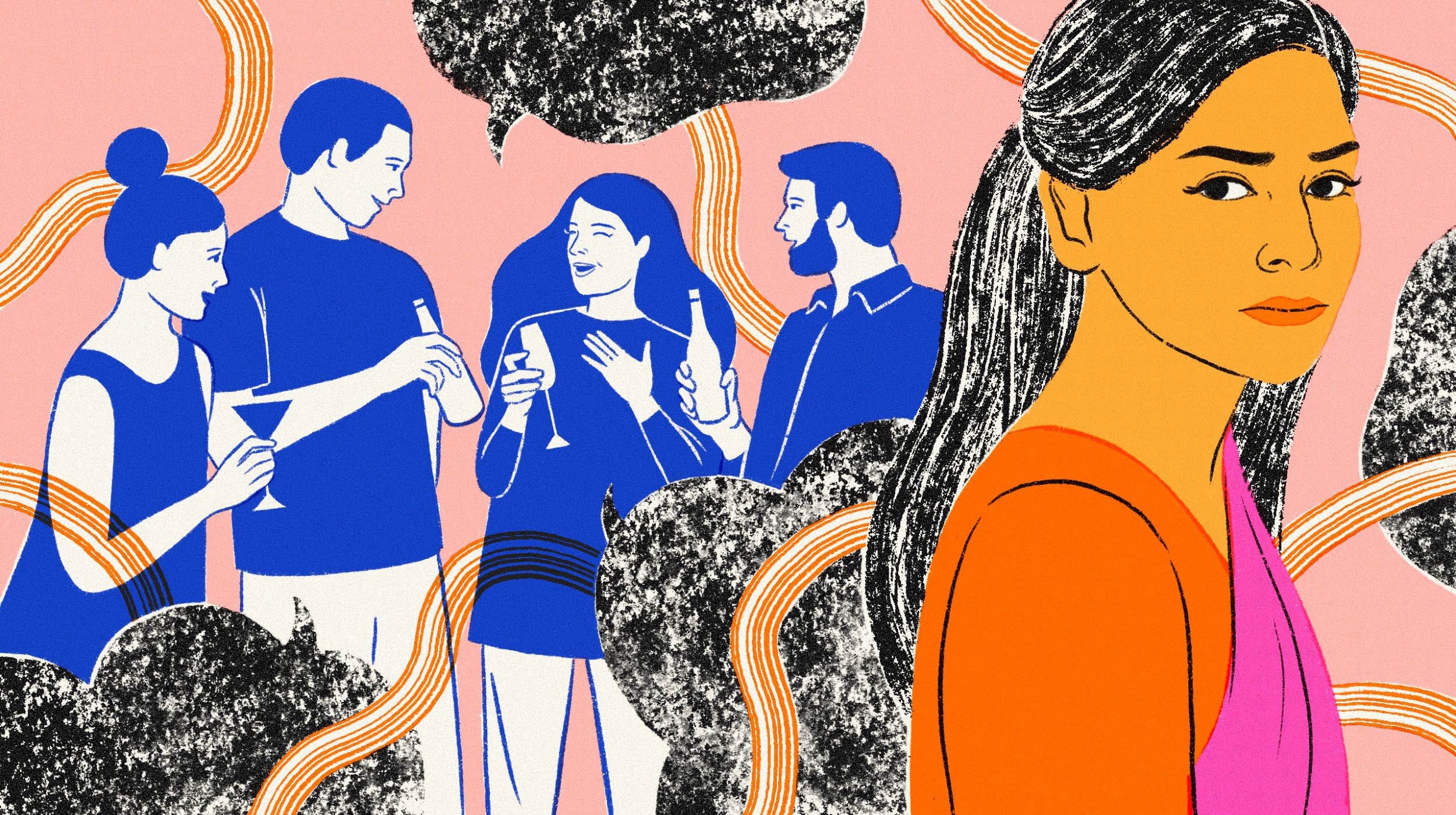 Illustration of a woman overhearing her friends speak with dark quote bubbles.