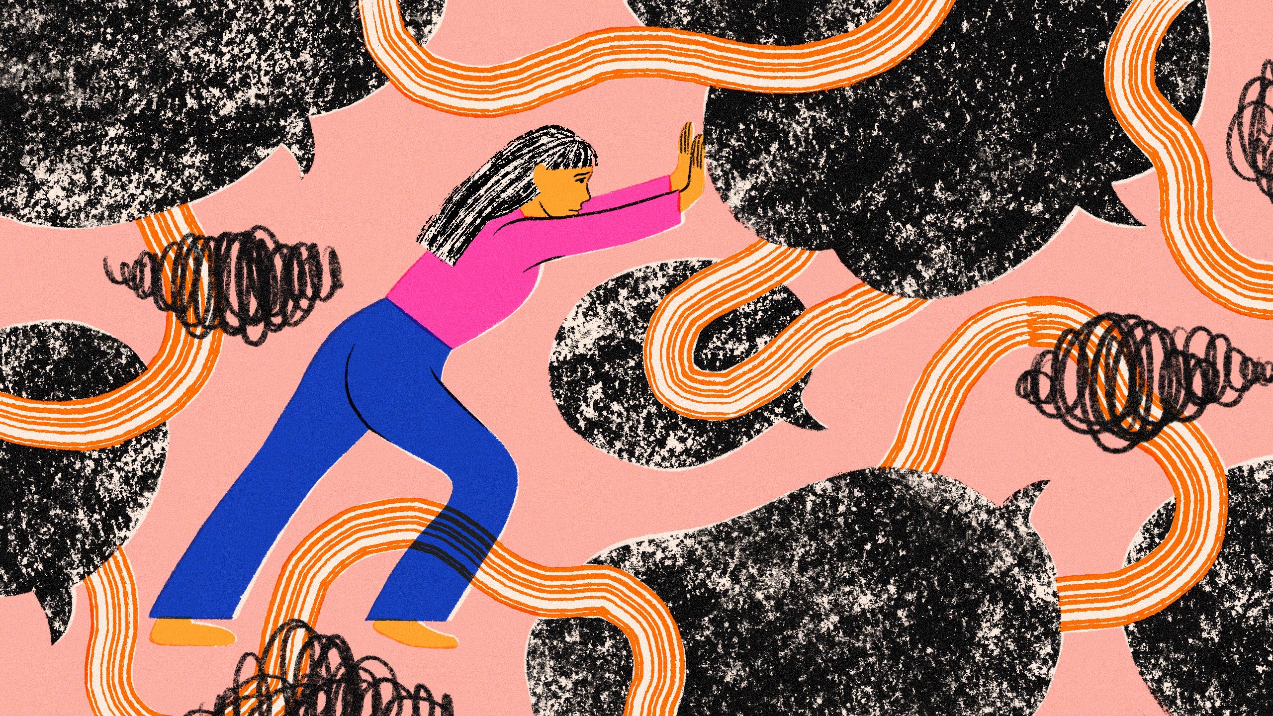 Illustration of a woman pushing against dark thought bubbles and scribbles.