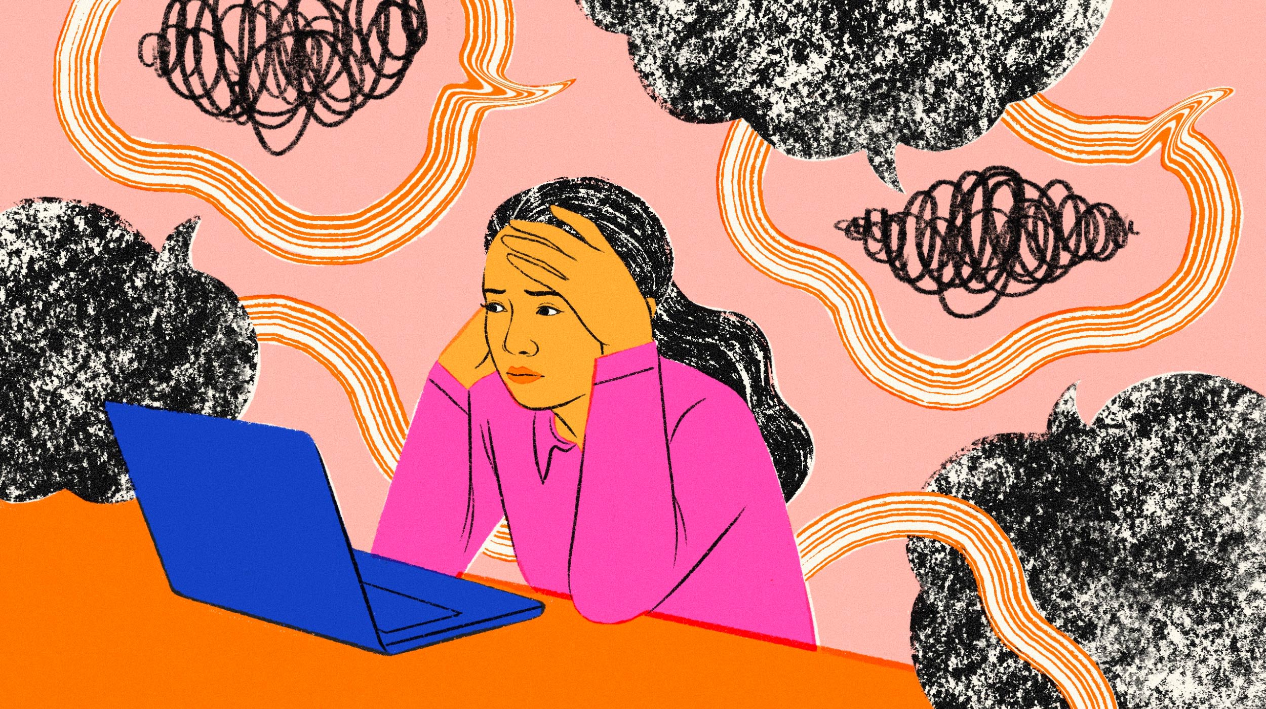 Illustration of a woman with her head in her hands sitting at her work laptop as dark quote bubbles loom behind her.