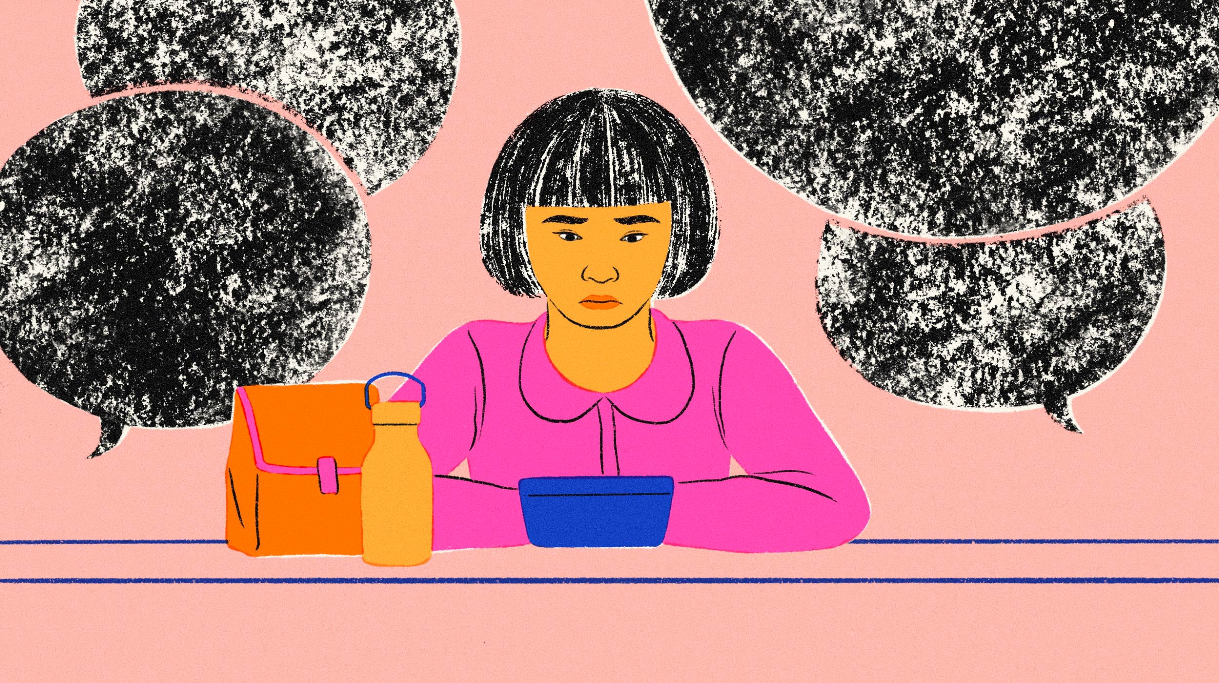 Illustration of a child sitting alone at a table with her lunchbox as dark quote bubbles loom.