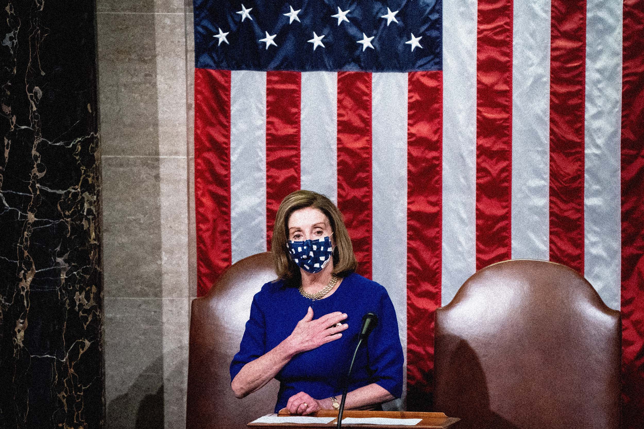 House Speaker Nancy Pelosi speaks after reconvening the election certification on at the Capitol. (Erin Schaff / Pool via Getty Images file)