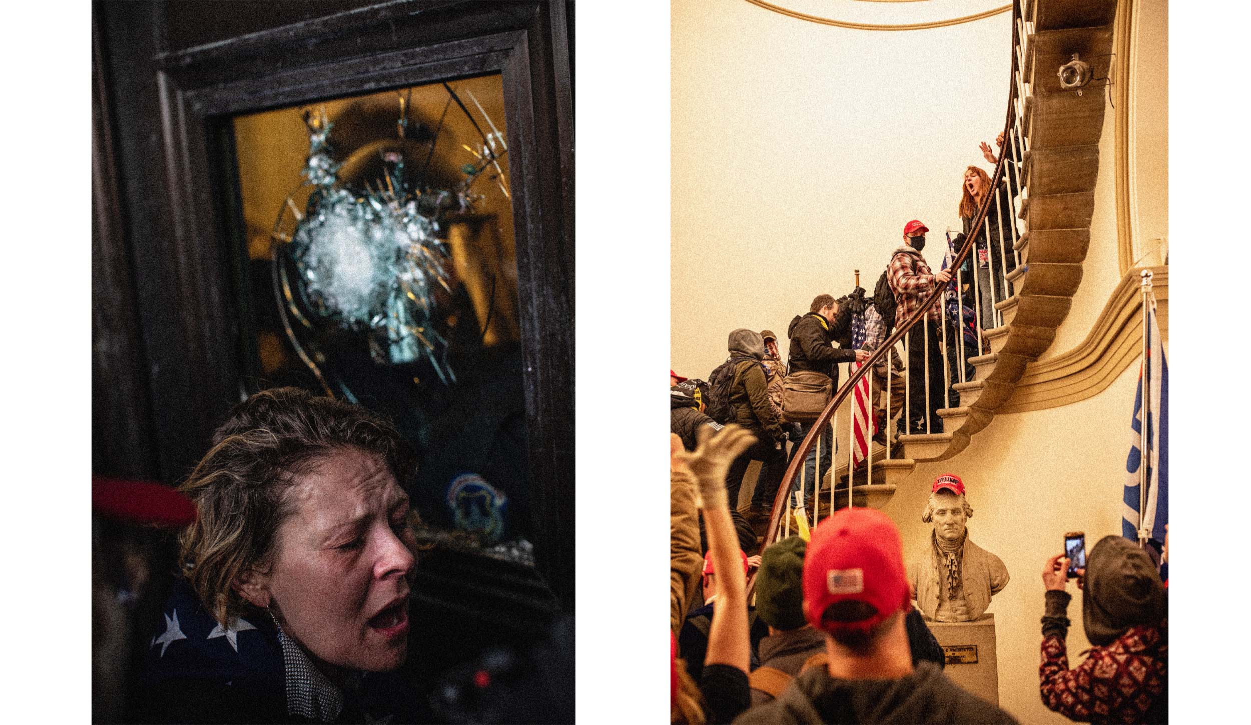 Protesters and police clash near a broken window outside; Pro-Trump rioters inside the Capitol.