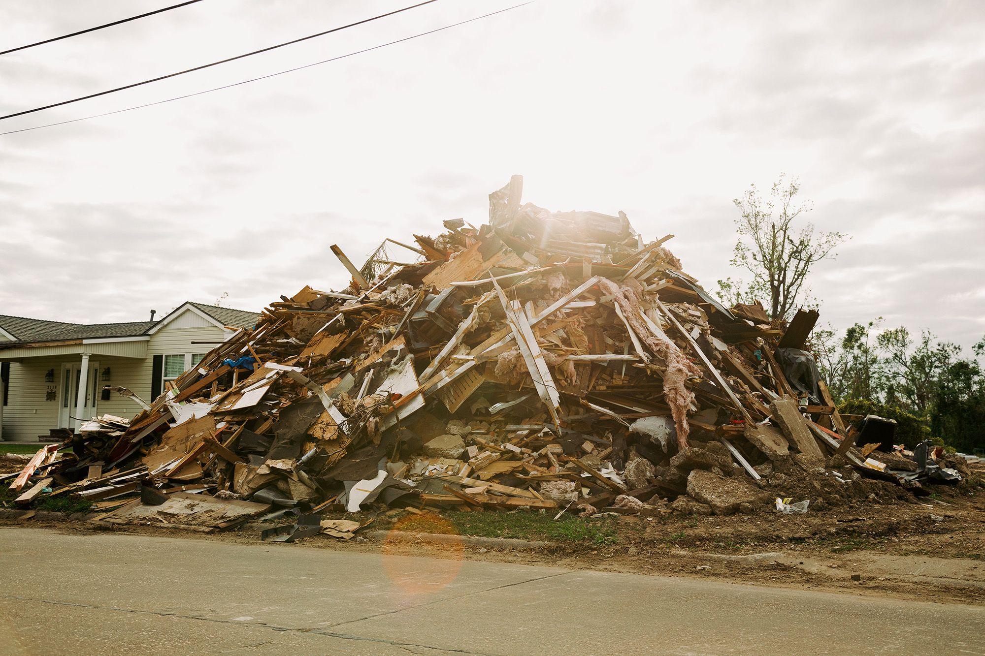An entire house was leveled and reduced to a pile of debris in Lake Charles, La.