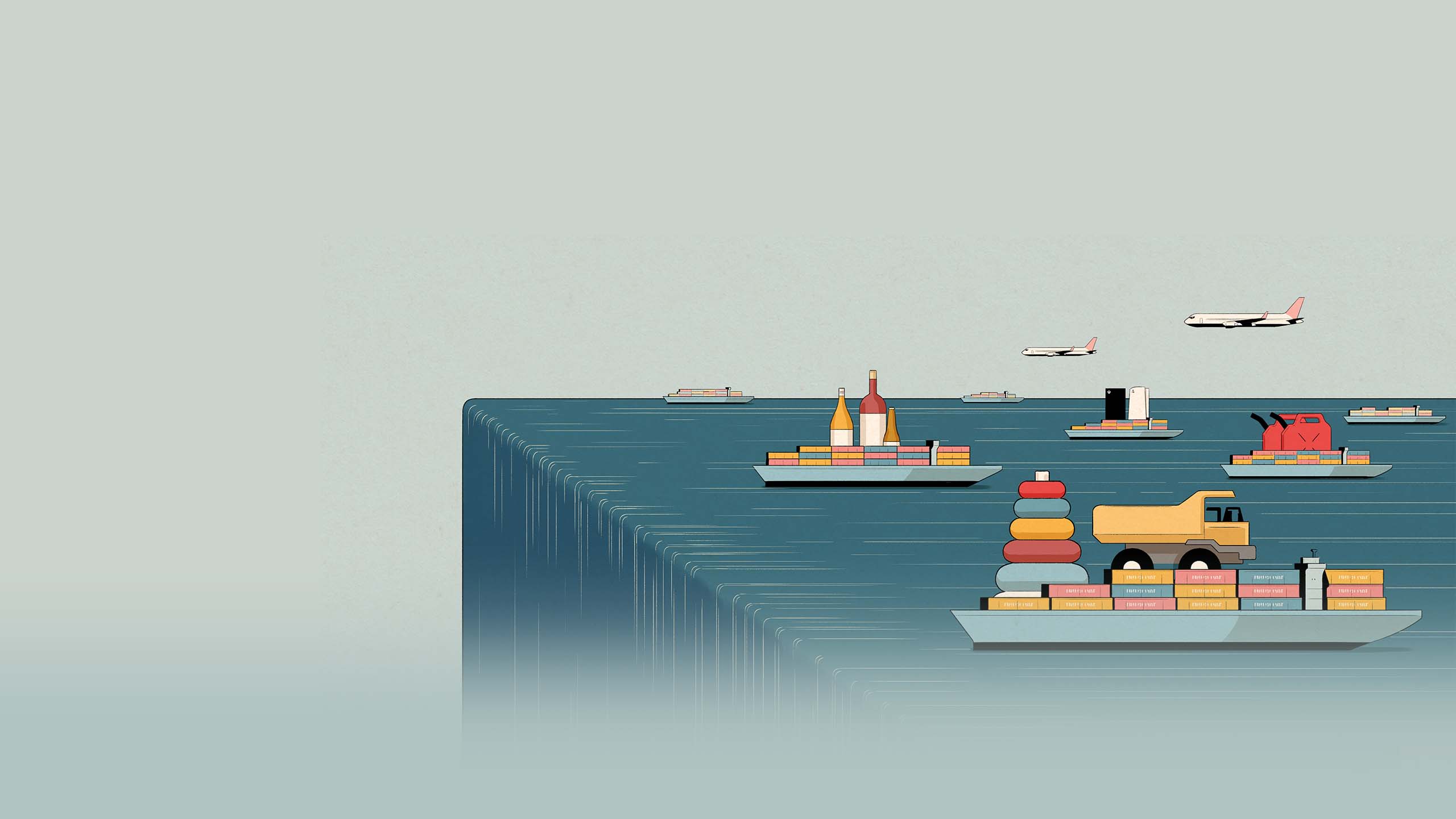 Illustration of cargo ships and planes carrying large items, like toys and liquor bottles, towards the edge of a waterfall.