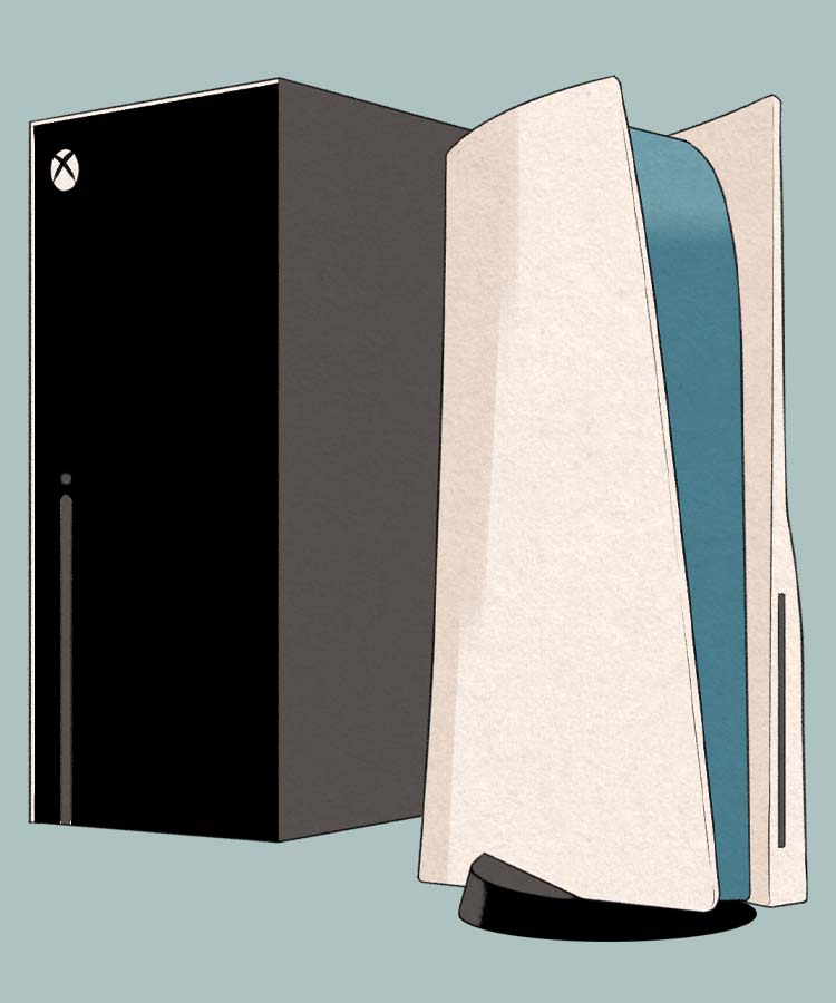 Illustration of Xbox and Playstation video game consoles