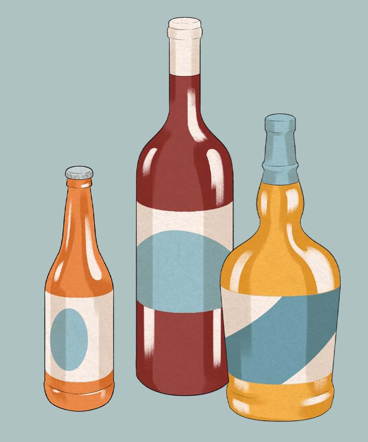 Illustration of beer, wine and liquor bottles.