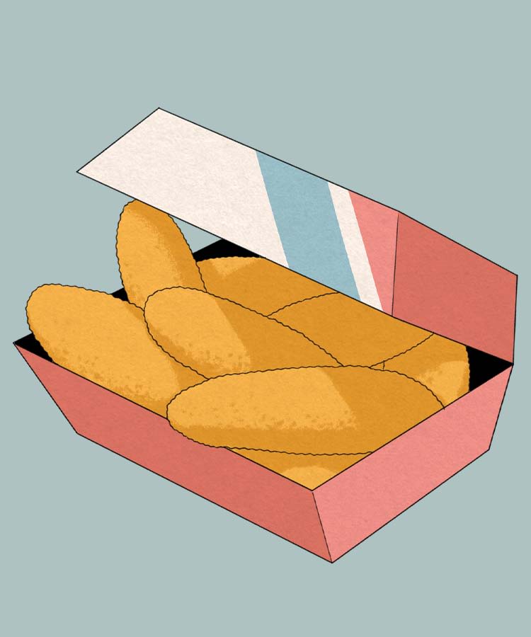 Illustration of chicken tenders in a takeout container.