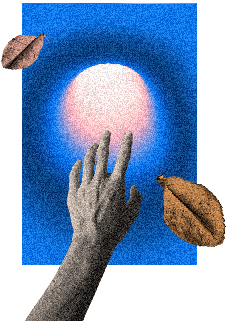 Hand reaching towards a tunnel of light with falling leaves