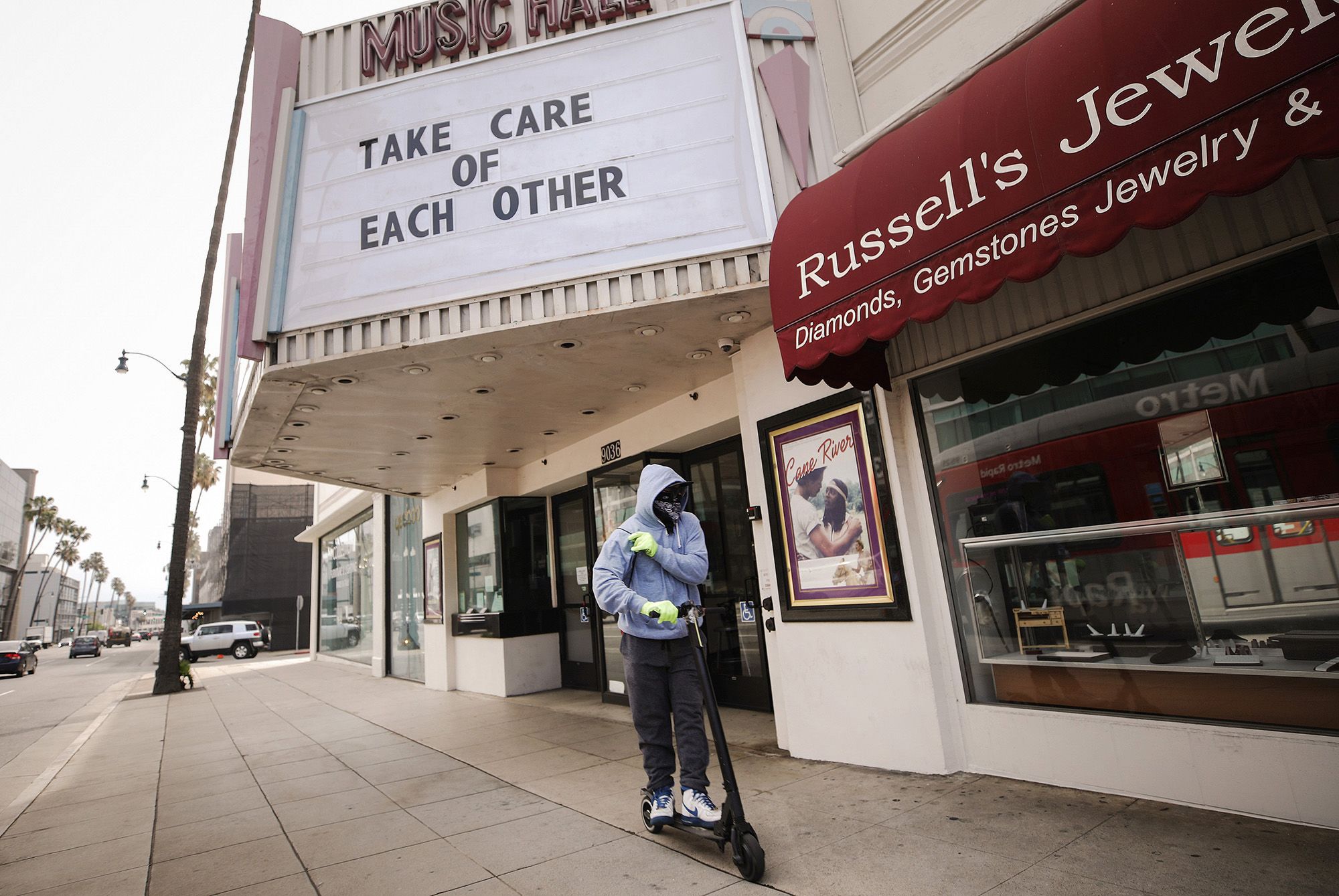 A shuttered movie theater in Beverly Hills, Calif., as the city mandated the closure of non-essential stores.